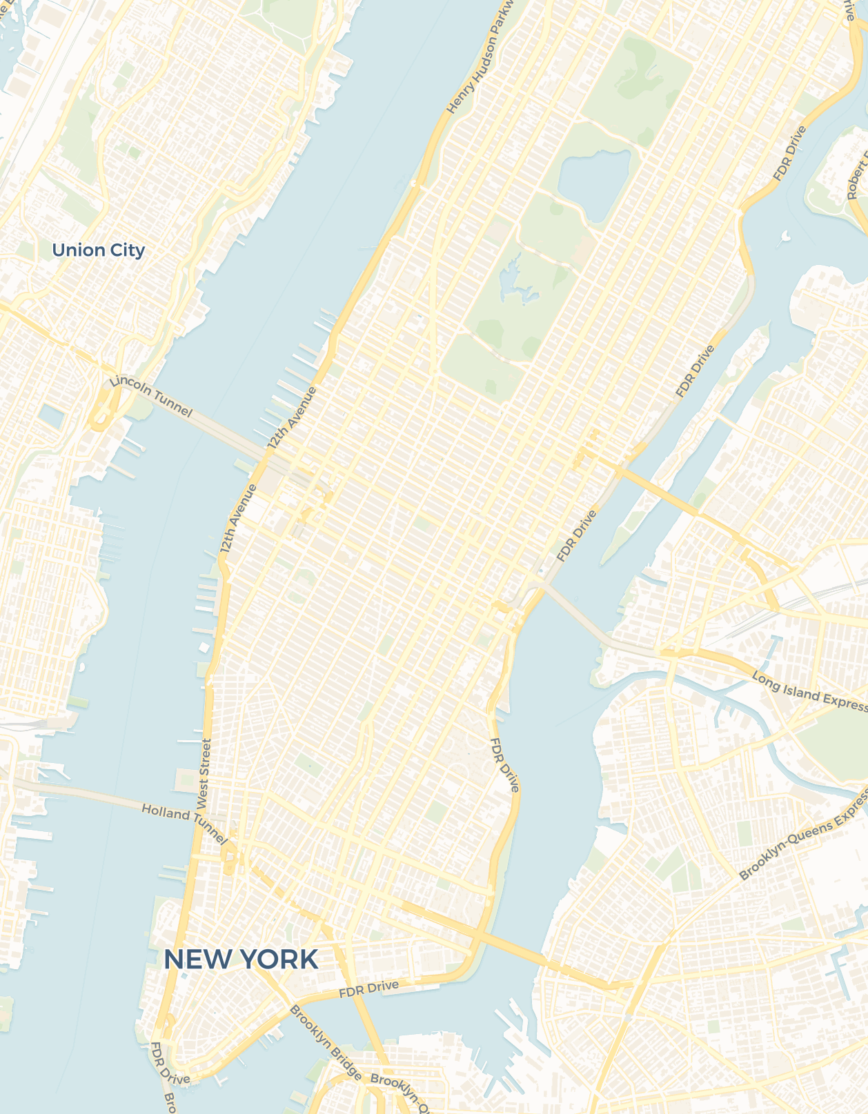 Street map of Manhattan with the five AI terms pinned: the island is artificial intelligence, 34th Street is machine learning, and the Empire State Building holds deep learning, generative AI on the 86th floor, and the large language model gift shop.