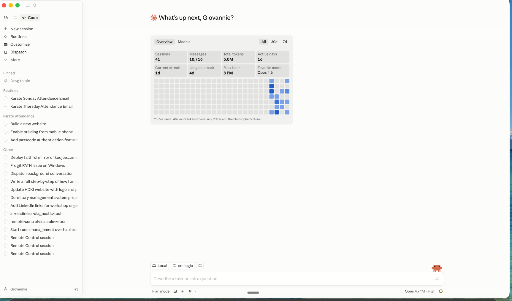 L'application Claude en mode Code avec Plan mode active en bas